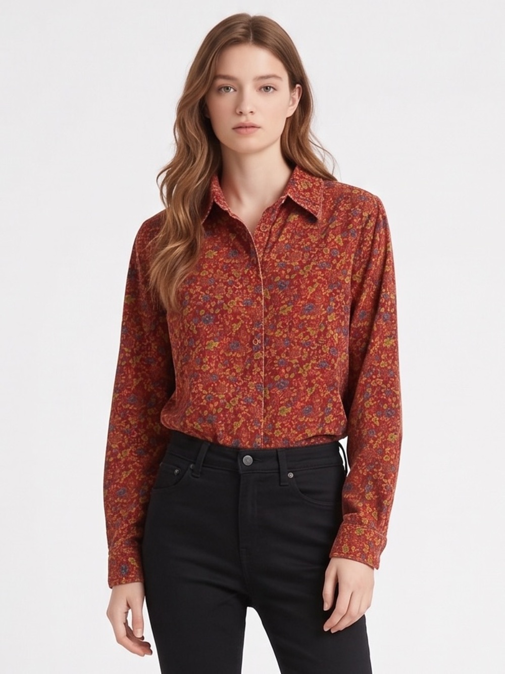 Vintage Blair Rust Red Floral Button-Up corduroy Shirt. Cottagecore. Retro 80s.